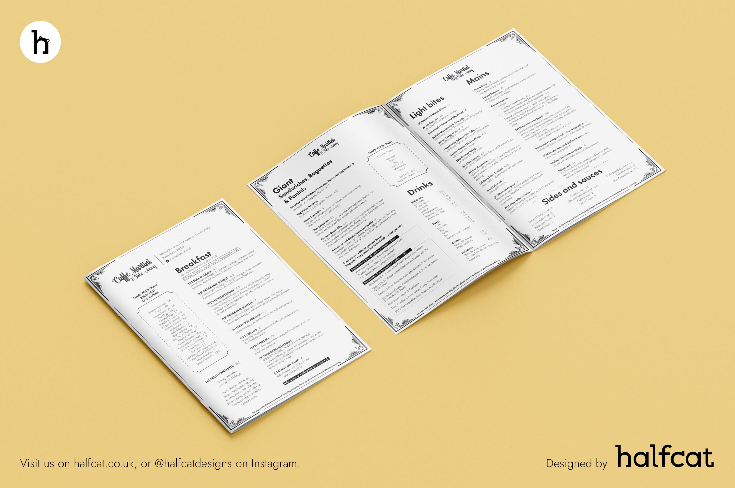 Multipage Cafe Menu Design for Cafe Martini in Bexhill, East Sussex, UK by Halfcat Design Services