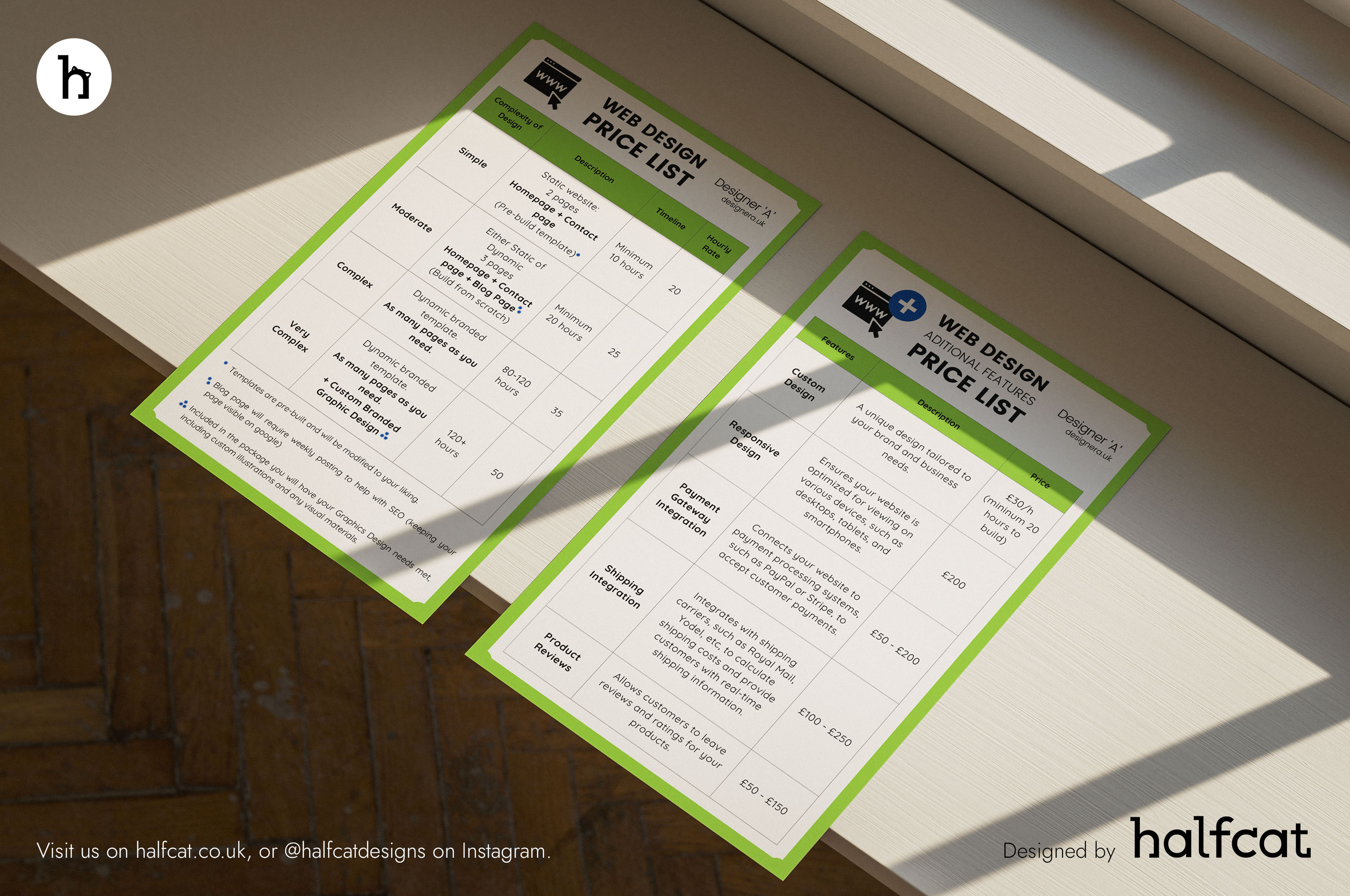 Price list for up and coming Web Design Service Business in Eastbourne, East Sussex, UK by Halfcat Design Services