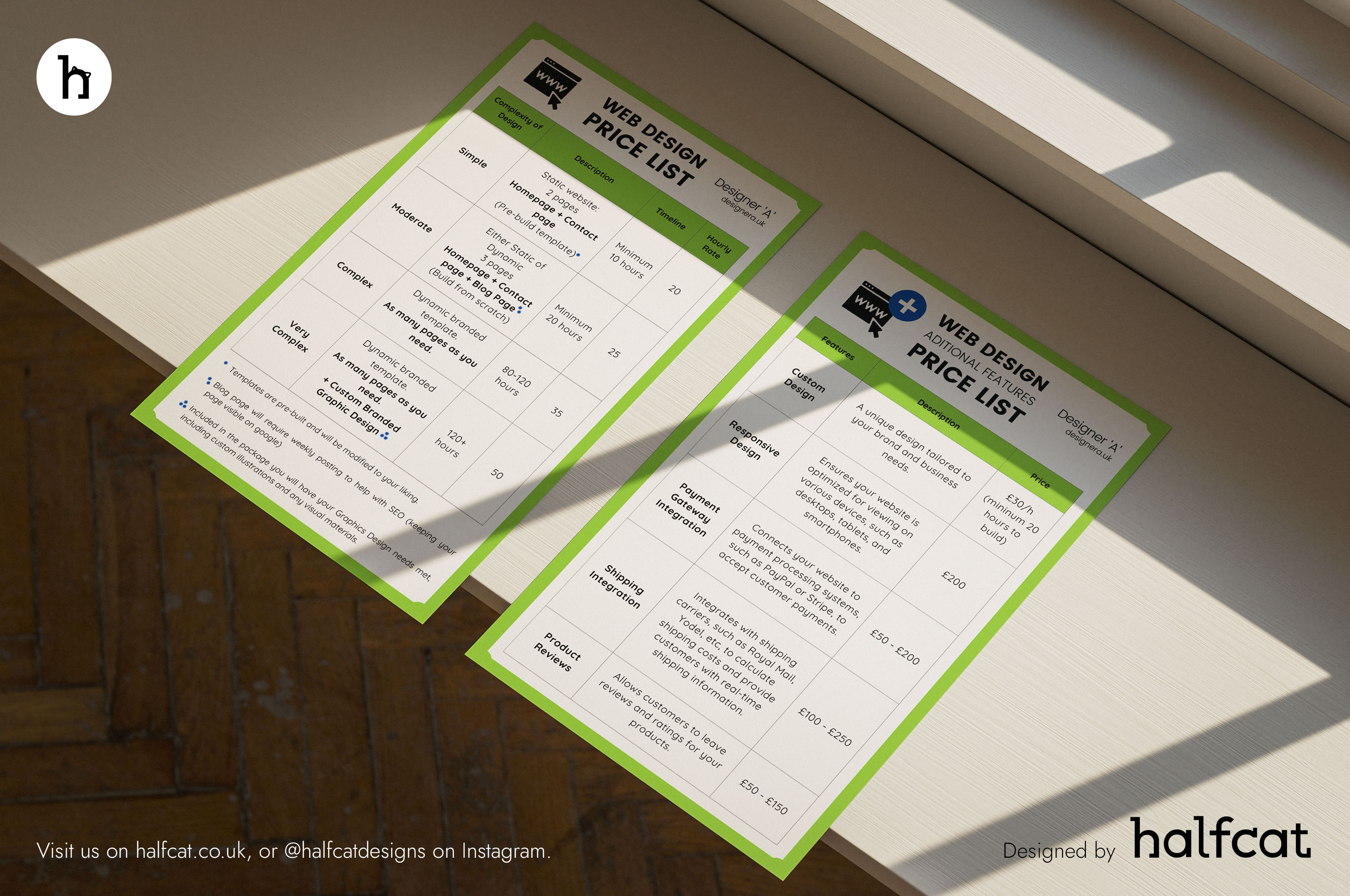 Price list for up and coming Web Design Service Business in Eastbourne, East Sussex, UK by Halfcat Design Services