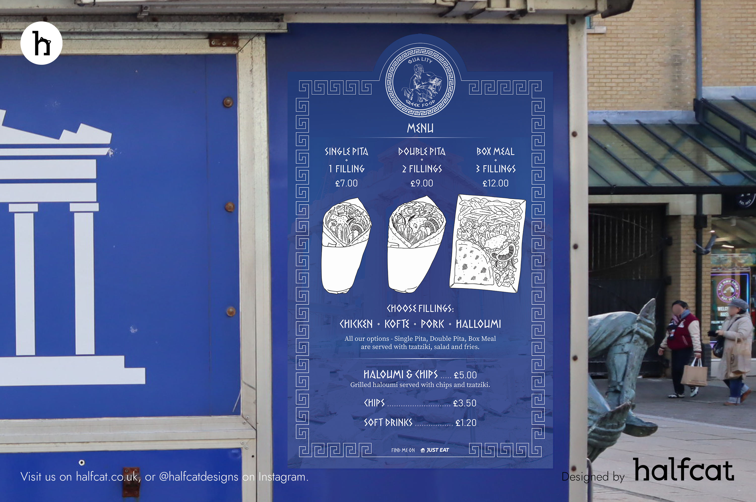 Custom Shaped Vinyl Menu for Quality Greek Food in Hastings, East Sussex, UK by Halfcat Design Services