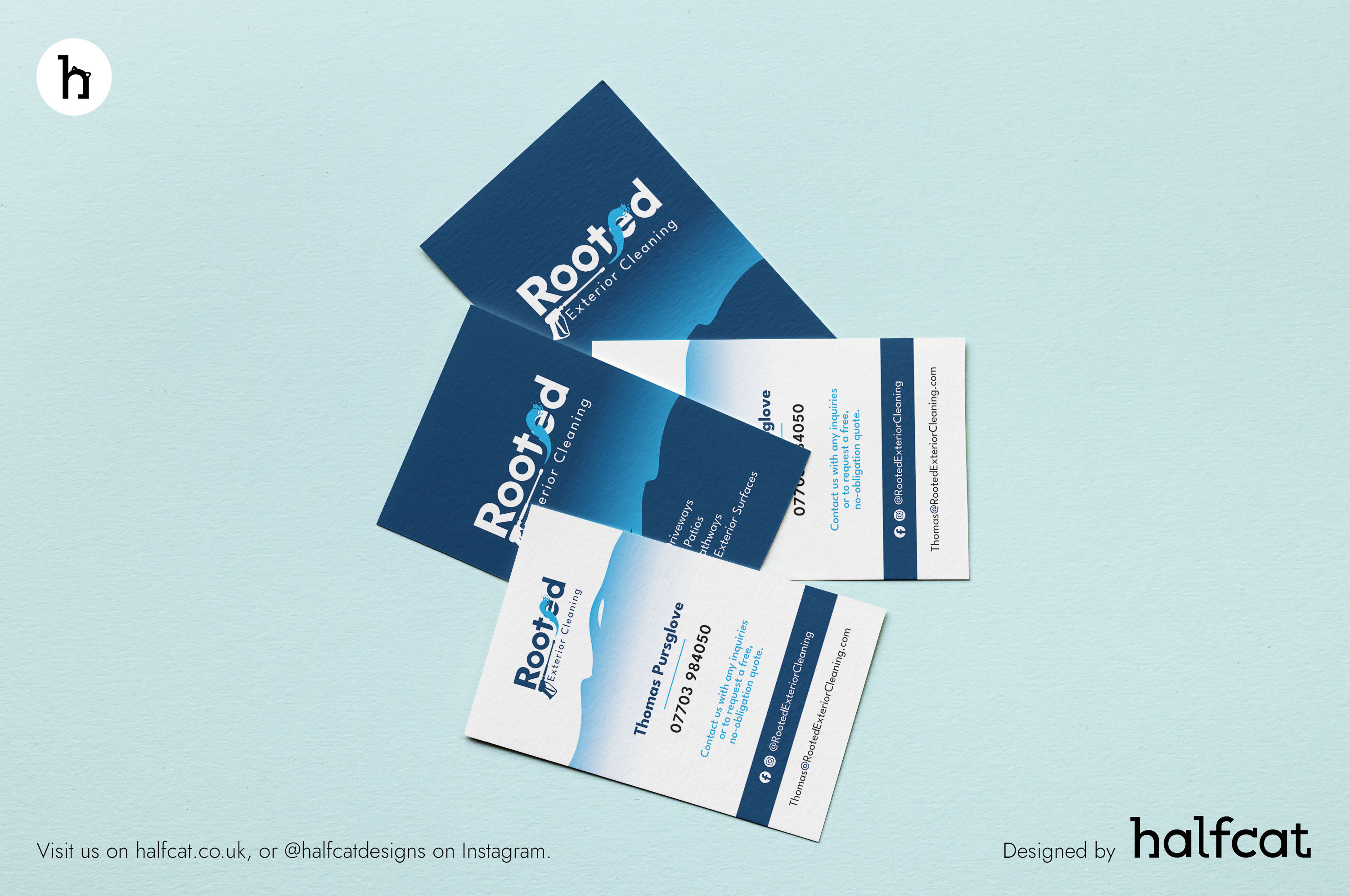 Business Cards for Rooted Exterior Cleaning Services in Hastings, East Sussex, UK by Halfcat Design Services